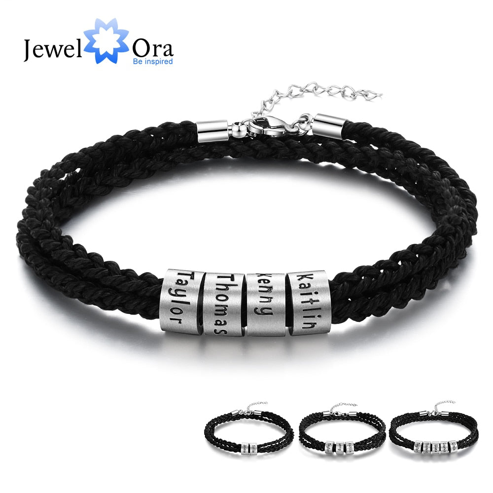 Personalized Stainless Steel Custom Name Beads Bracelet Adjustable Multilayer Braided Rope Men Bracelets Dad Gift