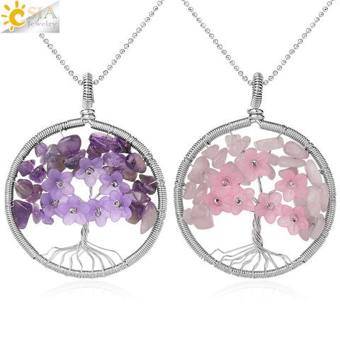 CSJA's Silver-Colored Tree of Life Pendant Necklace with Natural Stone - Wire-Wrapped Quartz Crystal Chip Bead Flower - Reiki Jewelry for Women - Model G306