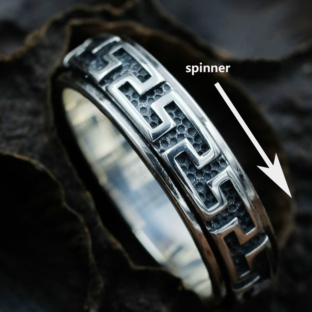 S 925 Sterling Silver Men Tibetan Silver Rings Vintage Buddhism Rings. The Great Wall Turn Rotate Ring.