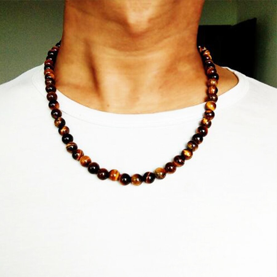 Fashion Vintage Men Jewelry Beaded Choker Nature Tiger Eye Stone Beads collares Chain Necklace Men 6mm 8mm Strand Necklace kolye