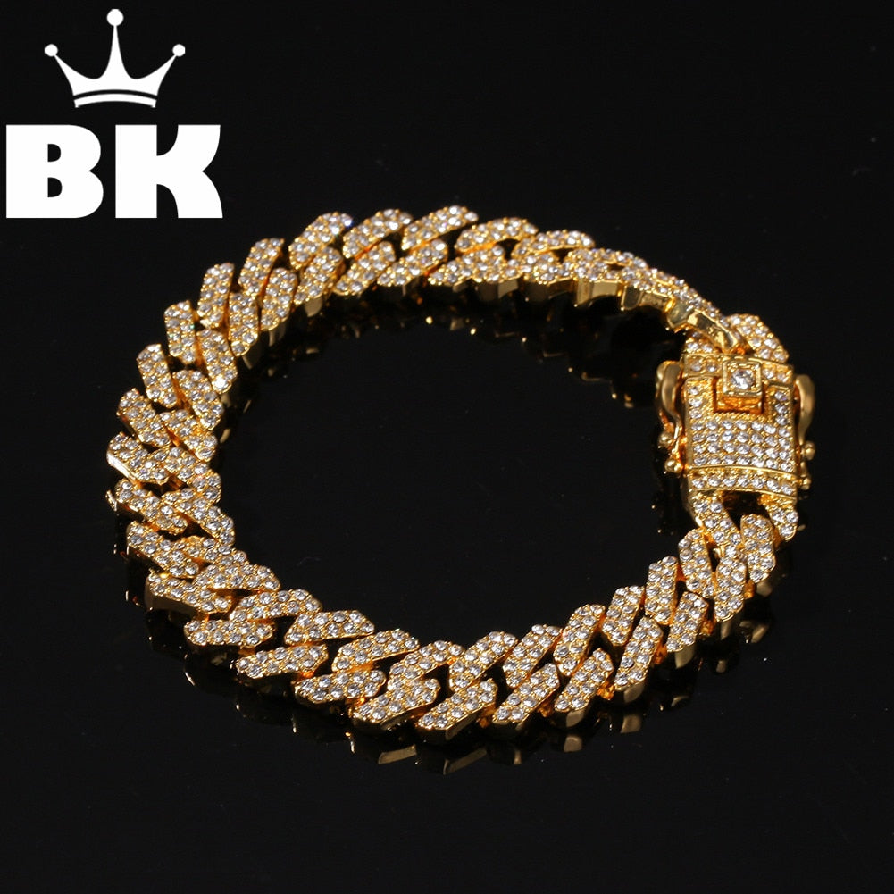THE BLING KING 12mm 2 Row Cuban Chain Bracelet For Men Women Alloy Link Iced Out Rhinestone Trendy Hip Hop Jewelry Drop Shipping