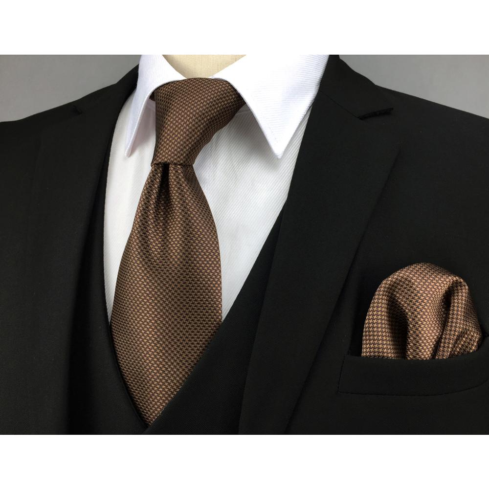 U27 Brown Houndstooth Necktie Set Handmade Wedding Fashion Extra Long Size Classic Ties for Mens Hanky