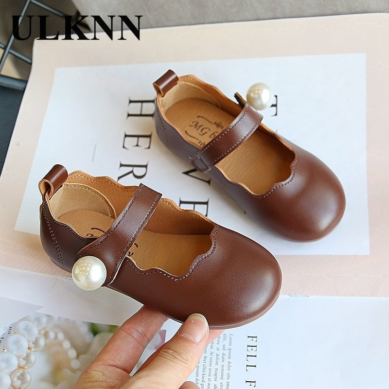 ULKNN Girls Small Leather Shoes 2023 Autumn New Fashion Children's Princess Dance Shoes Kid's Performance Pearl Shoes