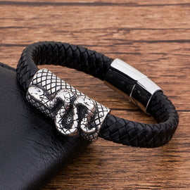 TYO Charm Black Genuine Leather Punk Rock Rope Animal Snake Bracelet Men Jewelry Magnetic Stainless Steel Braided Accessories