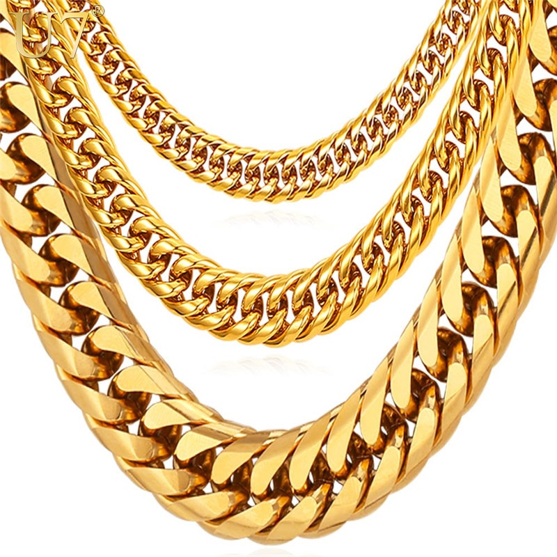 U7 Men Thick Chain Necklace Gold Chain 6/9/13MM Miami Cuban Chain Necklace 14&quot;-30&quot;  Stainless Steel Chunky Necklace N453