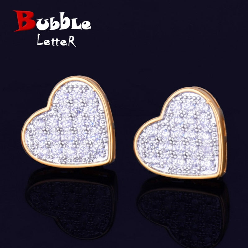 14MM Width Heart-shaped Gold Color Stud Earring For Men Women Full Cubic Zircon Screw Back Earrings Fashion Hip Hop Jewelry Gift