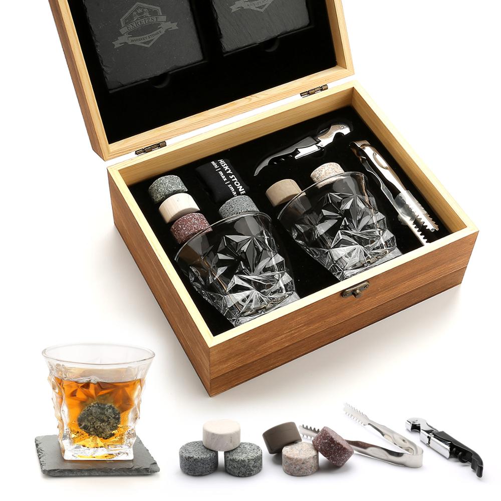 Whiskey Stones Gift Set - Whiskey Glass Set of 2 - Granite Chilling Whiskey Rocks - Scotch Bourbon Whiskey Glass Gift Box Set