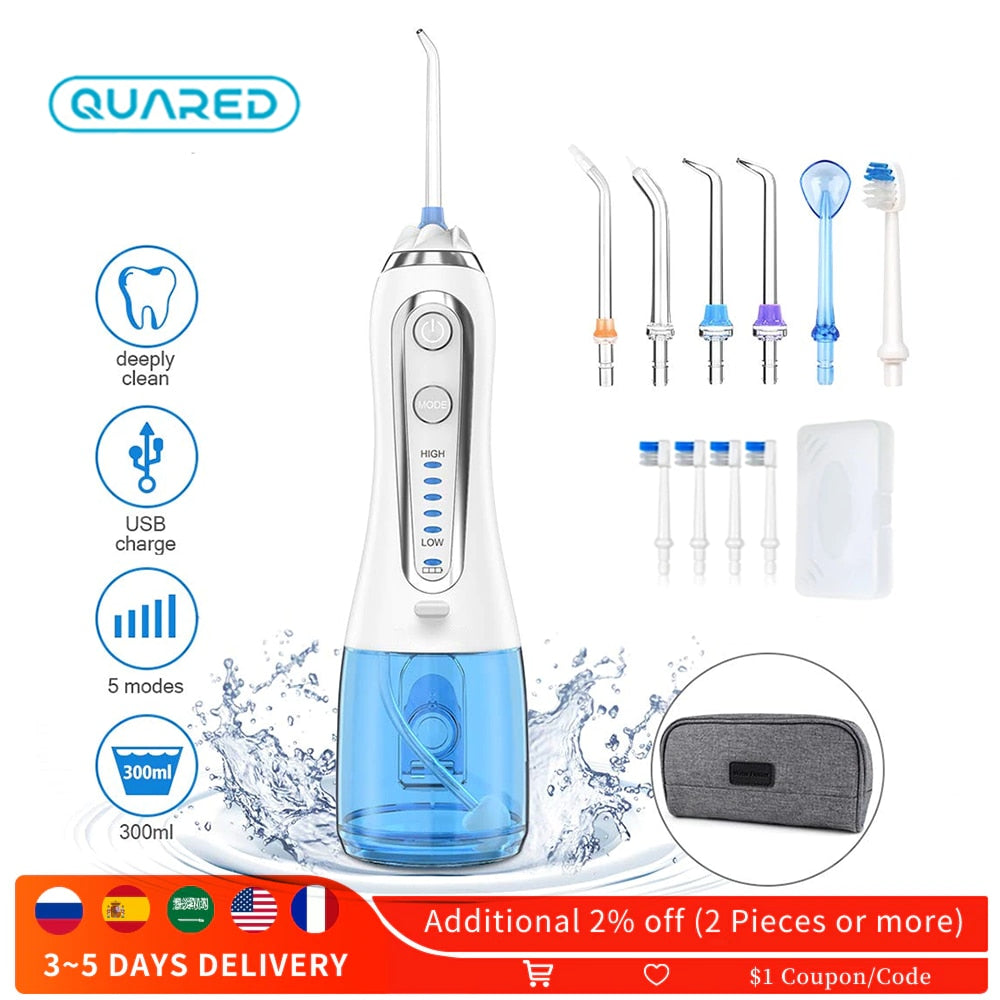 Blue Oral Irrigator Portable Bag Electric Water Flosser USB Rechargeable Professional Dental Flosser with 5 Nozzles &amp; Brush