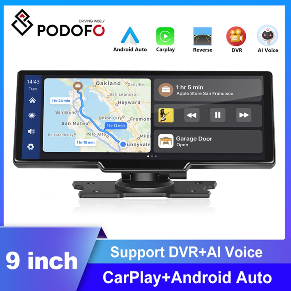 Podofo 9.3" Mirror Monitor Dash Cam Rearview Camera Wireless Carplay Android Auto Car Mirror DVR Recorder For Nissan Toyota