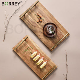 BORREY Wood Steak Plate Square Acacia Wood Food Serving Plate Japanese Sushi Wood Tray Plate Tea Tray Kitchen Wooden Dinnerware