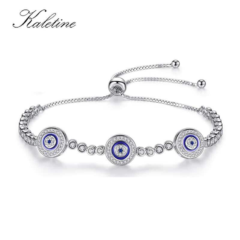 Women Evil Eye Lucky Hamsa Bracelet Genuine 925 Sterling Silver Men Luxury Round Blue Eyes CZ Crystal Tennis Bracelet KLTB014