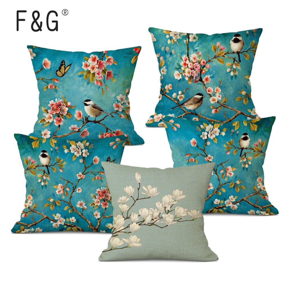 Watercolor Flower Cushion Cover Vintage Bird Blue Pink Pillow Case Transparent Flowers Sofa Decorative Pillow Cover 45x45cm