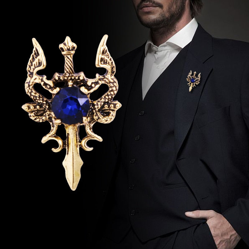 New Vintage Metal Dragon Sword Brooch Pin Animal Rhinestone Lapel Pins Men&#39;s Suit Shirt Badge Corsage Jewelry Accessories