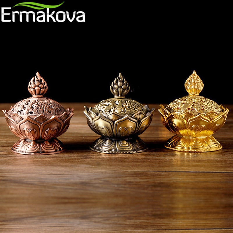 ERMAKOVA Lotus Flower Chinese Buddha Alloy Metal Incense Burner Incense Holder Handmade Censer Bowl Buddhist Home Decoration