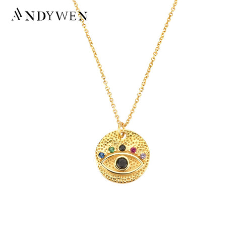 ANDYWEN New 925 Sterling Silver Gold Colorful Eye Coins Pendant Necklace Long Chain Lucky Eye Luxury Women Fashion Fine Jewels