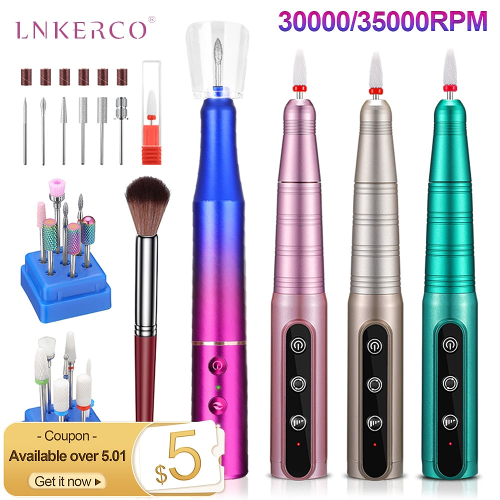 Lnkerco 35000RPM Nail Drill Machine Cordless Electric Nail Sander Professional Manicure Machine Milling Cutter For Gel Polishing