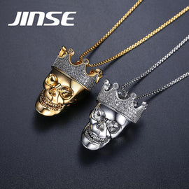 JINSE King Skull Shape Cubic Zirconia Skeleton Necklace For Men Women Vintage Crown Human Skulls Gothic Cosplay Jewelry Gifts