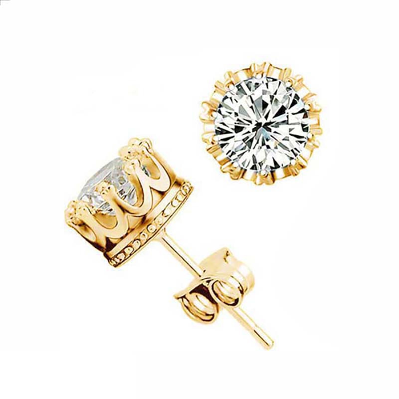 Classic Shining Zircon Small Stud Earrings in Gold Color Crystal Earrings for Women Girls, Fashion Crown Jewelry.