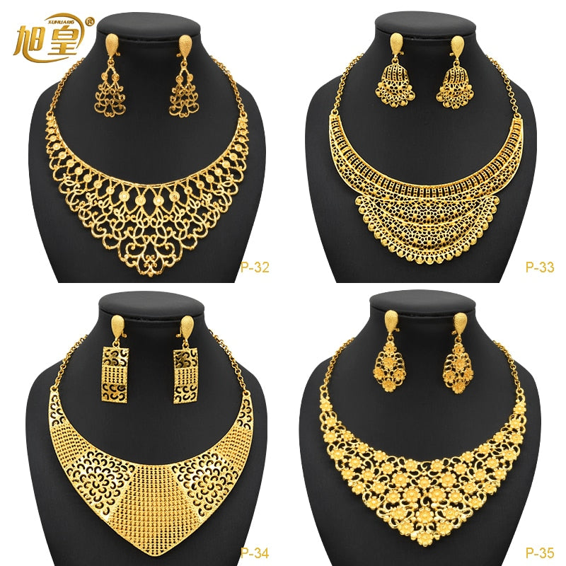 XUHUANG Ethiopian Gold Plated Jewelry Set For Women Dubai Bridal Wedding Necklace And Earring Set Moroccan African Jewelry Gift