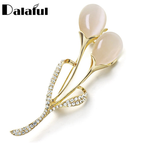 Dalaful Fashion Chic Tulip Flower Brooch Pin Rhinestone Crystal Opal Stone Exquisite Garment Accessories Brooches For Women Z074
