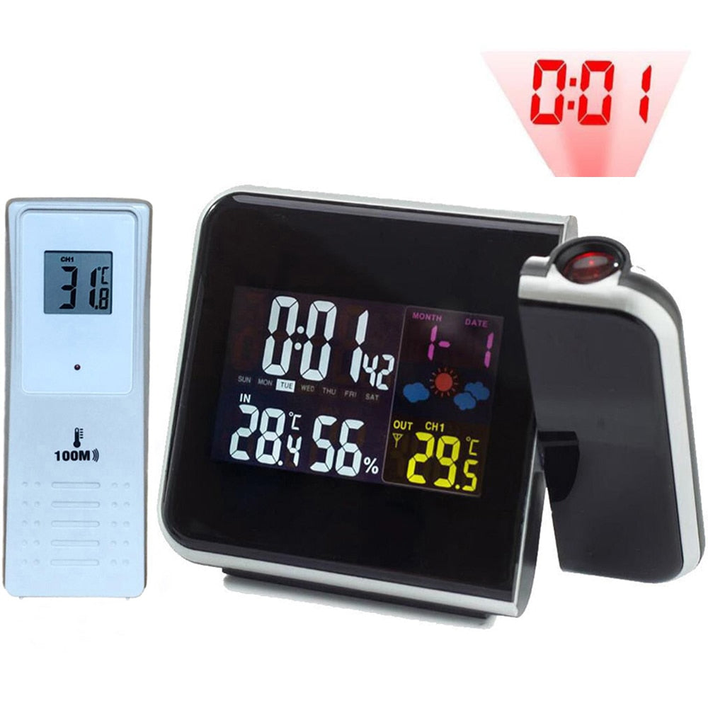 Bedside Wake Up Projector Clock with Digital Projection, Weather Station, and Indoor Temperature & Humidity Thermometer. Trendy useful Gadget