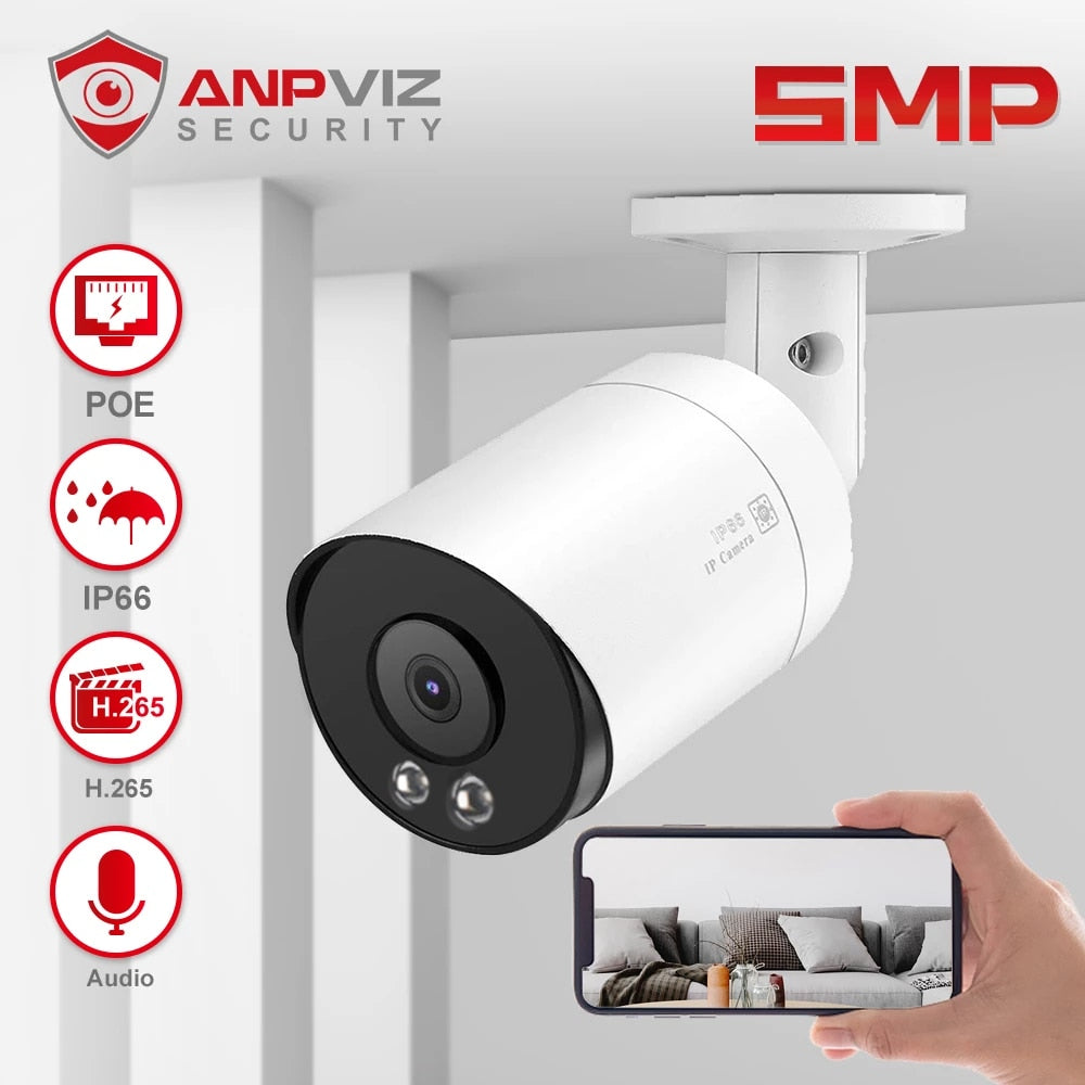 Anpviz 5MP Bullet POE IP Camera Outdoor Security Camera 30m IR With Audio Motion Alarm IP66 H.265 Danale