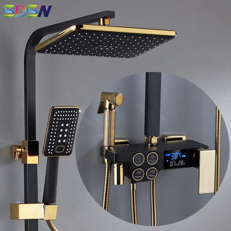 Hot and Cold Digital Shower Set Faucet Bathroom Shower System Black Gold Shower Faucet Square Shower Head  Bath Shower System