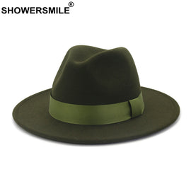 SHOWERSMILE Army Green Wool Felt Jazz Fedora Hats Men Women Wide Brim Sombrero British Style Trilby Formal Panama Cap Dress Hat