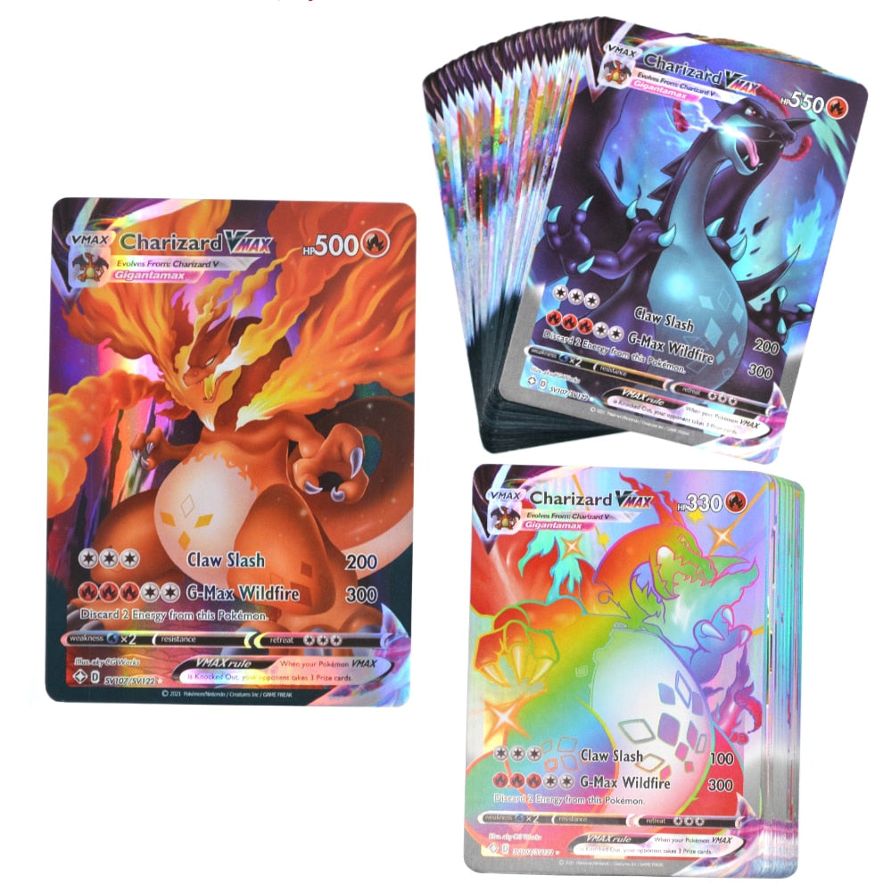 50-100Pcs Pokemon Cards Charizard 100VMAX GX V 60MEGA TRAINER Game Shining Cards No Repeat Battle Carte Trading Children Toy