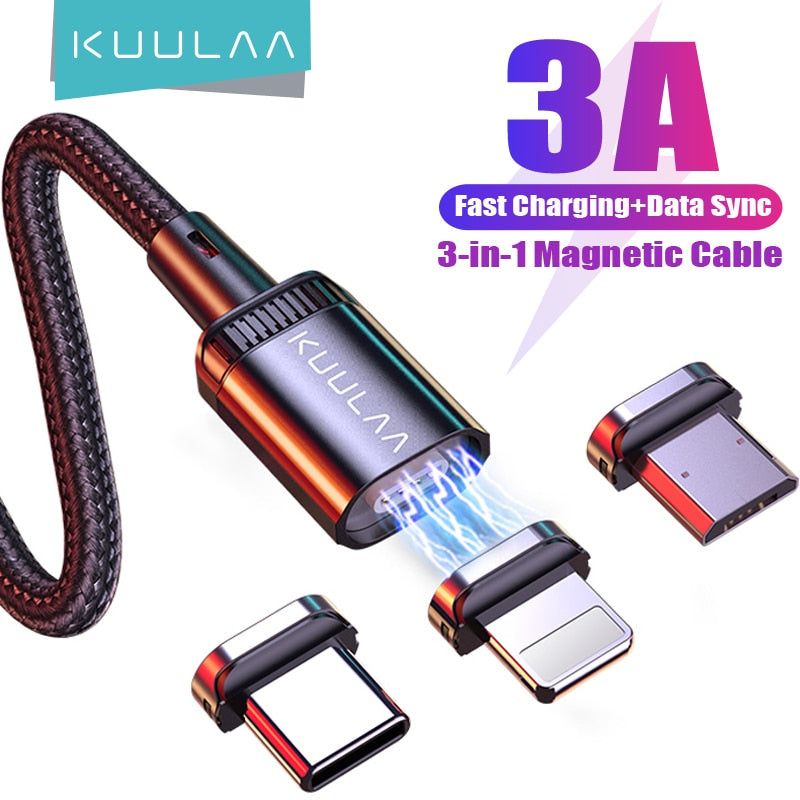 KUULAA LED Magnetic USB Cable 3A Fast Charging Type C Cable Magnet Charger Micro USB Cable for iPhone xiaomi poco samsung cord