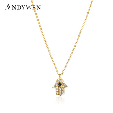 ANDYWEN 925 Sterling Silver Hamsa Hand Pendant Necklace Gold Long Chain Fashion Jewelry Party Jewels Luxury ZIrcon CZ Wedding