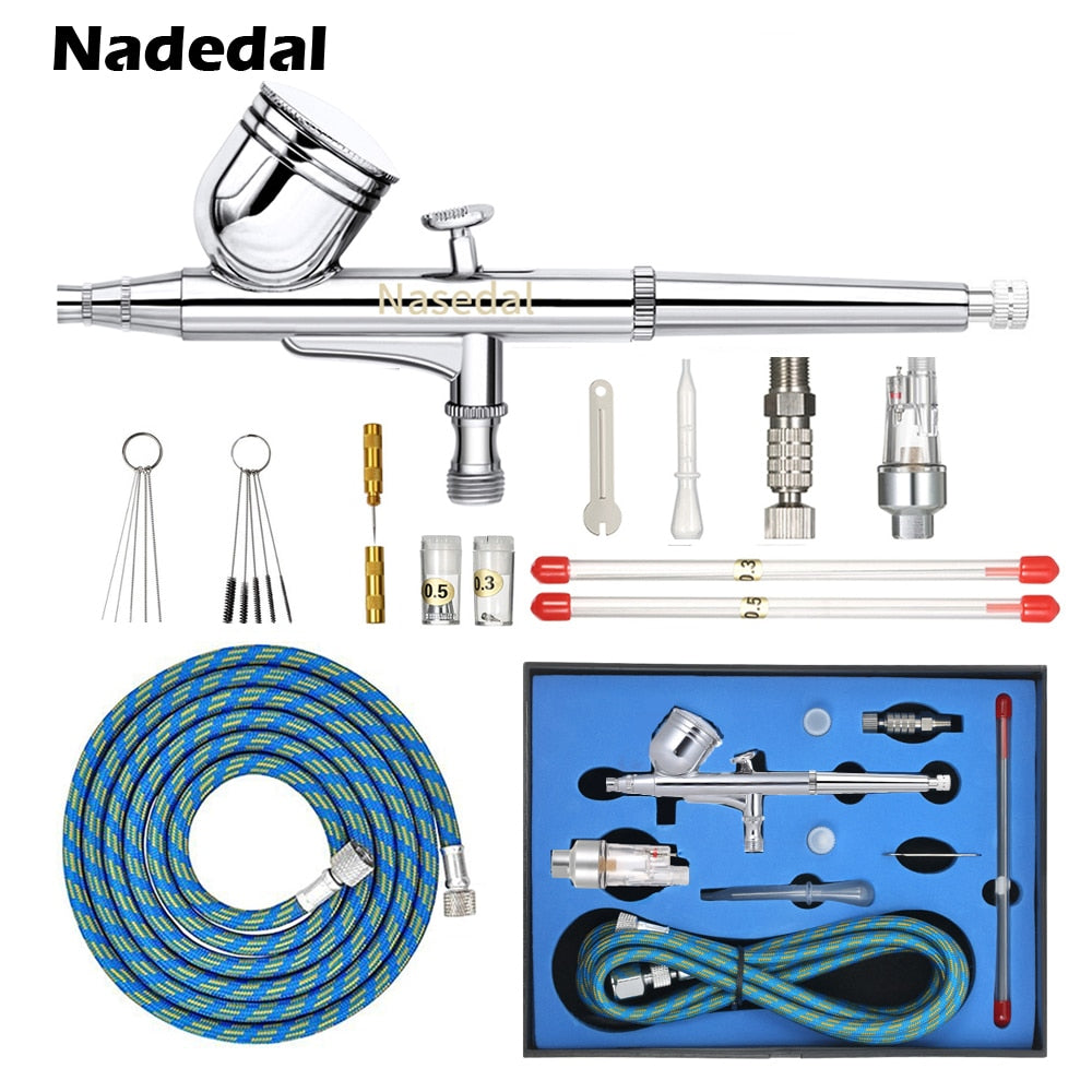 Nasedal Dual-action 7cc 0.3mm Silver Airbrush Paint Spray Gun Cake Decoration Makeup Nail Art Painting Air Brush kit Tattoo DIY