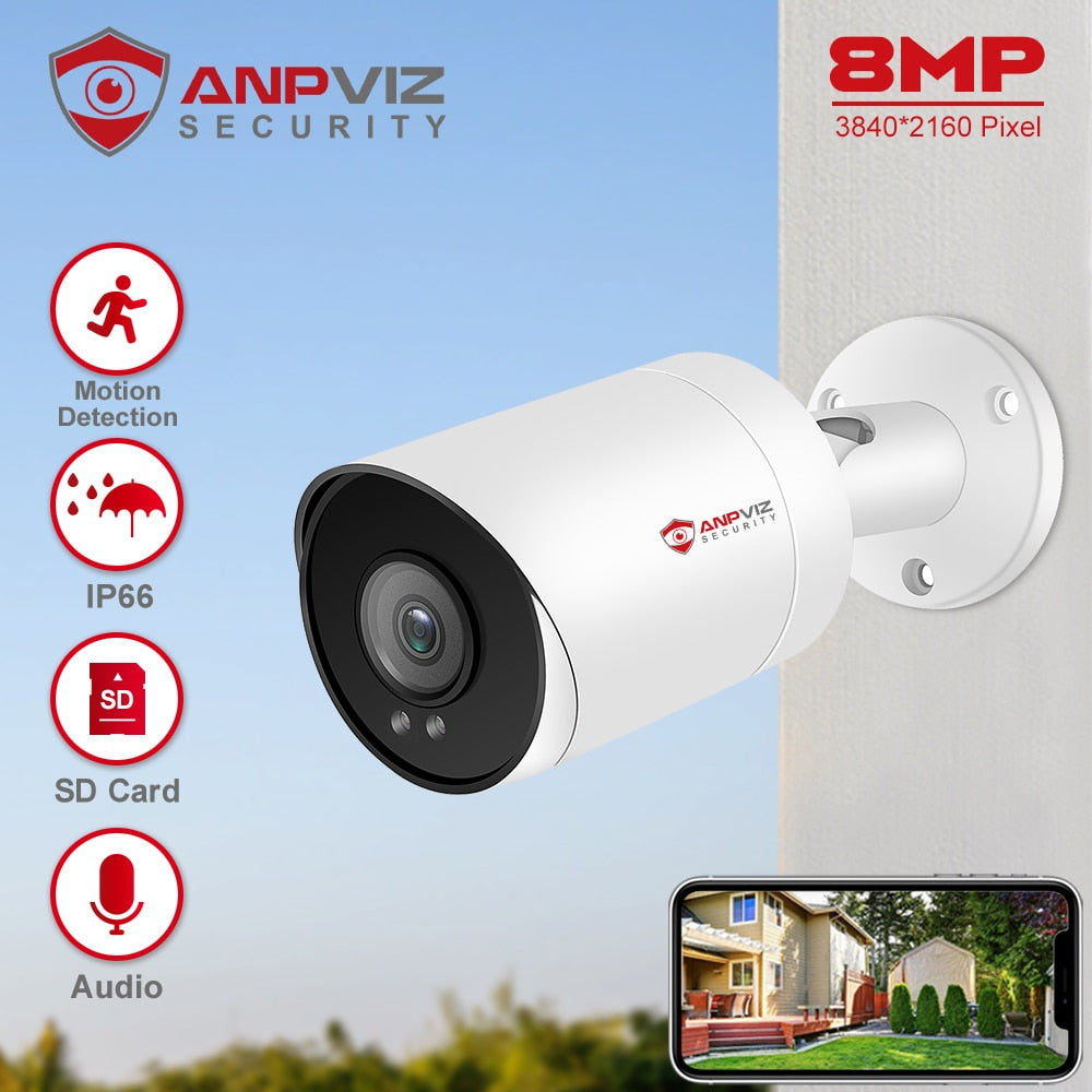 Anpviz 4K 8MP POE IP Camera Outdoor Security PoE H.265 CCTV Video Surveillance Camera 2.8mm Lens Remote View Audio IR 30m IP66