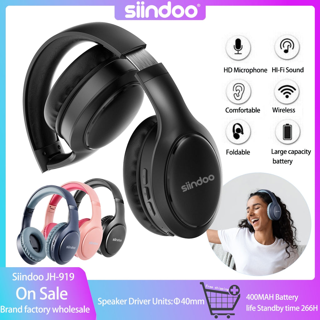 Siindoo Wireless Bluetooth Headphones 3 Colors Foldable Stereo Earphones Super Bass Noise Canceling Mic Headset JH-919 For TV PC