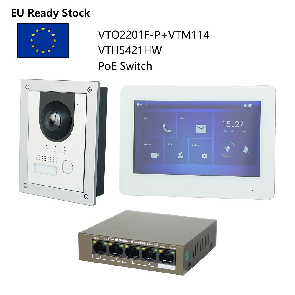 DH Multi-Language IP Video Intercom KIT,VTO2201F-P & VTH5421HW /VTH5421HB & PoE switch,support SIP, replace VTO2202F-P-S2