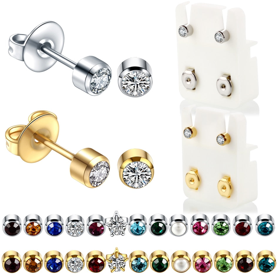 Twelve pieces or a pair Birthstone Gem Steel Earring Studs Ear Piercing Jewelry.