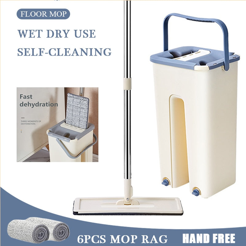 Squeeze Mop With Bucket Head 360 Rotating Flat Mop With Microfiber Pads Hand-free Wash Floor Mop Wet And Dry Home Cleaning Tool