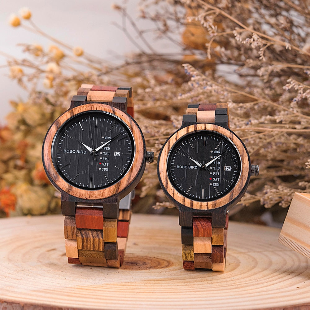 BOBO BIRD Couple Wooden Watch Luxury Brand Wood Timepieces Week Date Display Quartz Watches for Men Women Unique Family Gift