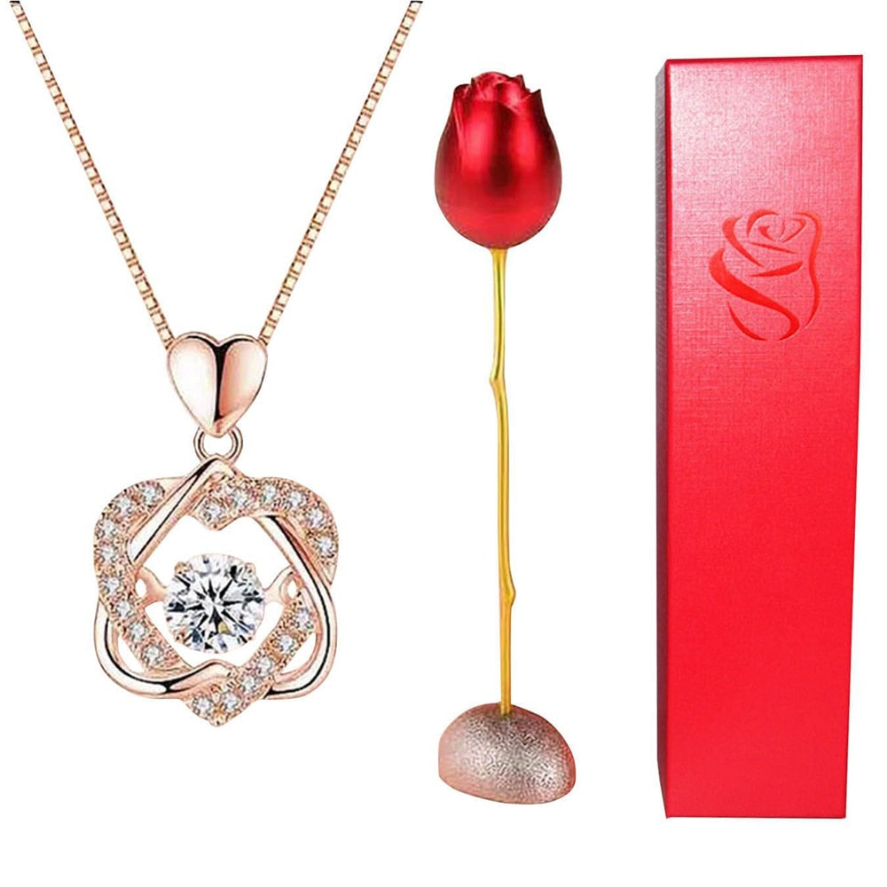 Rose Holder Eternal Love Necklace Set Romantic Rhombus Zircon Pendant With Immortal Valentines&#39; Day Gifts