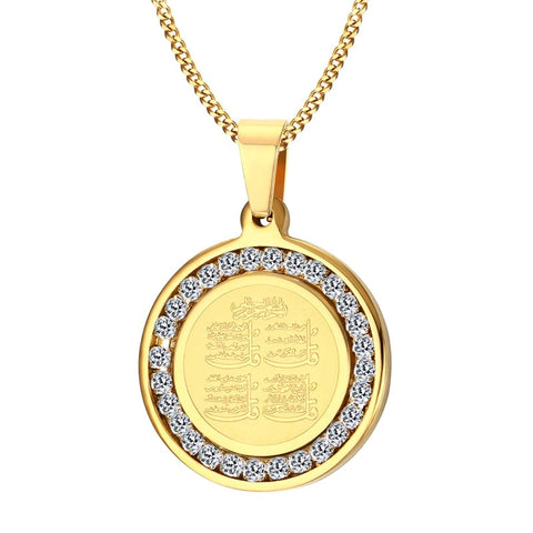 Mens Necklace 4 Qul Muslim Islamic Hajj Umrah Pendant Stainless Steel Gold Color CZ Stone Men Fashion Necklace