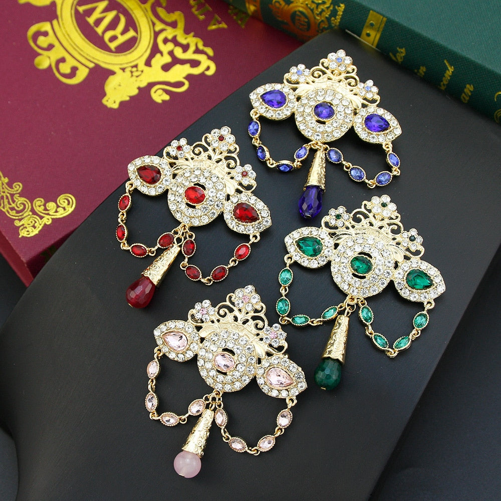 Sunspicems Fashion Bohemia Morocco Crown Brooch For Women Gold Color Crystal Bride Wedding Jewelry Arab Caftan Brooch Hijab Pin