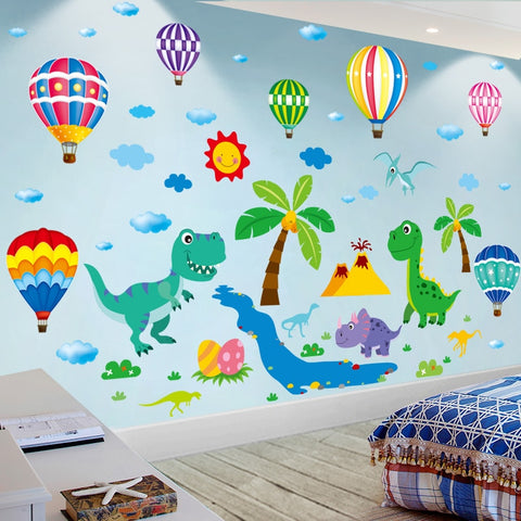 [shijuekongjian] Cartoon Dinosaur Animals Wall Stickers DIY Hot Air Balloons Wall Decals for Kids Rooms Nursery Home Decoration