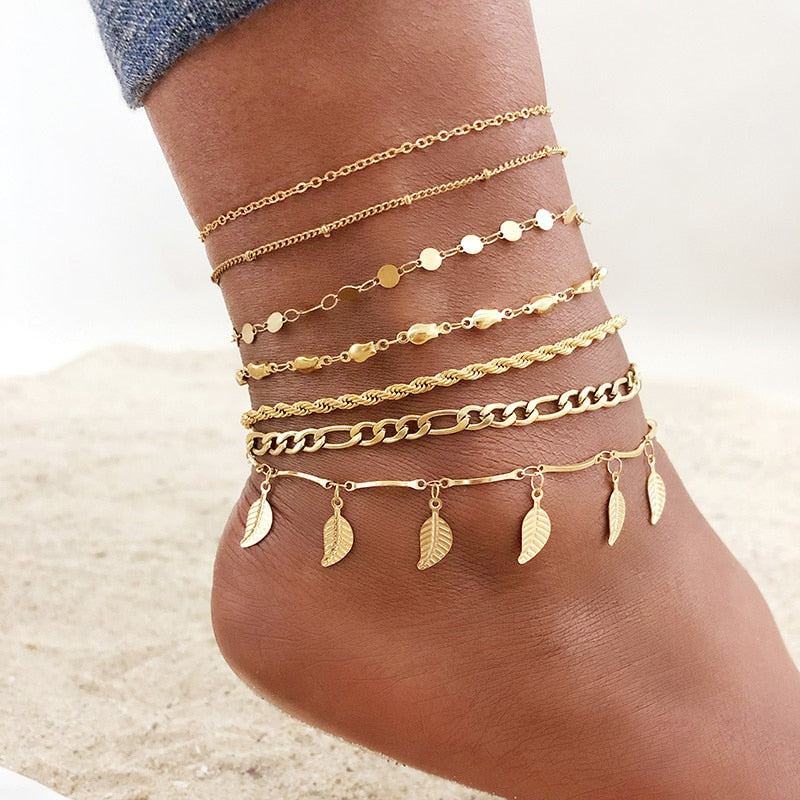 1/2/3pcs/set Gold Color Stainless Steel Chain Anklets for Women, Leg Ankle Holidays Beach Foot Jewelry,  Female Accessories