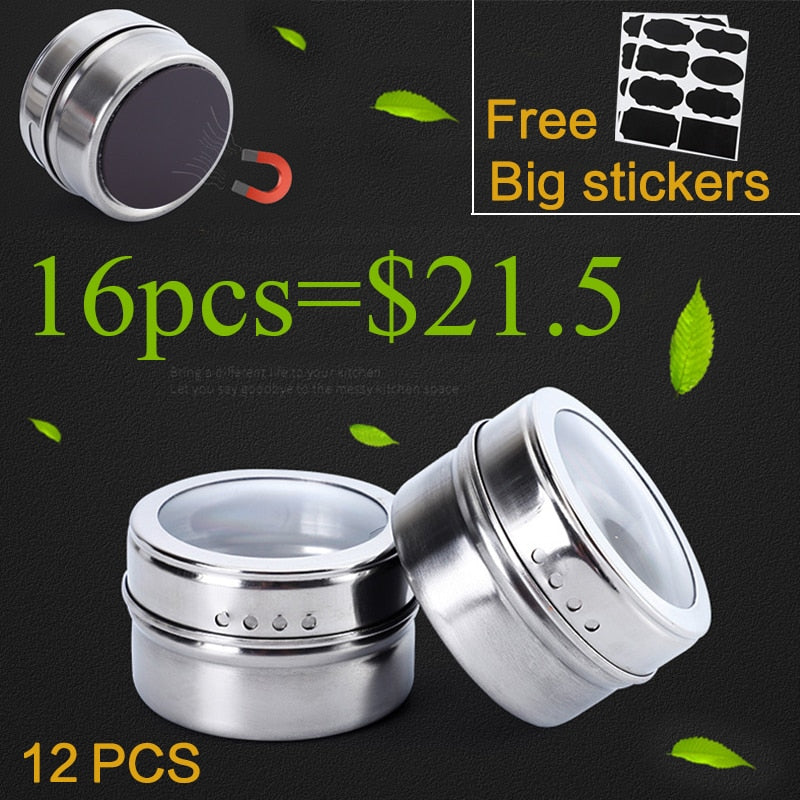 Magnetic Spice Jar Stainless Steel Seasoning Pot Set Household Condiment Bottle Magnetic Tank Rack with Stickers Kitchen Tools