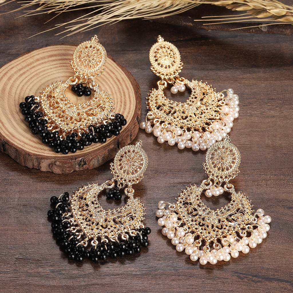 New Ethnic Gold Color Indian Jhumka Earrings for Women Pendient Heart Shape Beads Tassel Earring 2023 Vintage Brincos Jewelry