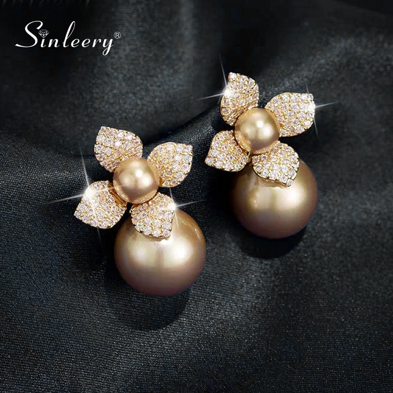 SINLEERY Vintage Double Pearl Crystal Flower Stud Earrings Gray Champagne Pearl Earring Bridal Wedding Party Jewelry ZD1 SSF