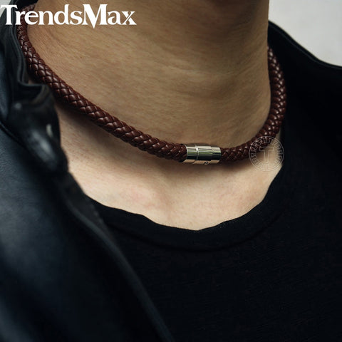 Men&#39;s Choker Necklace Black Brown Braided Leather Necklace for Men Stainless Steel Magnetic Clasp Male Jewelry Gifts UNM27A
