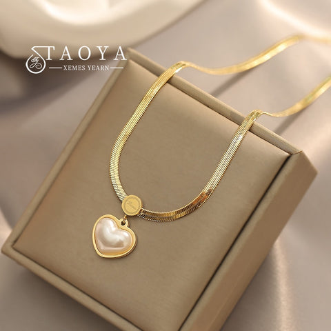 Non Fading Necklace 2022 New Pearl Heart Pendant Stainless Steel Gold Color Necklace Party For Womens Luxury Jewelry Accessories