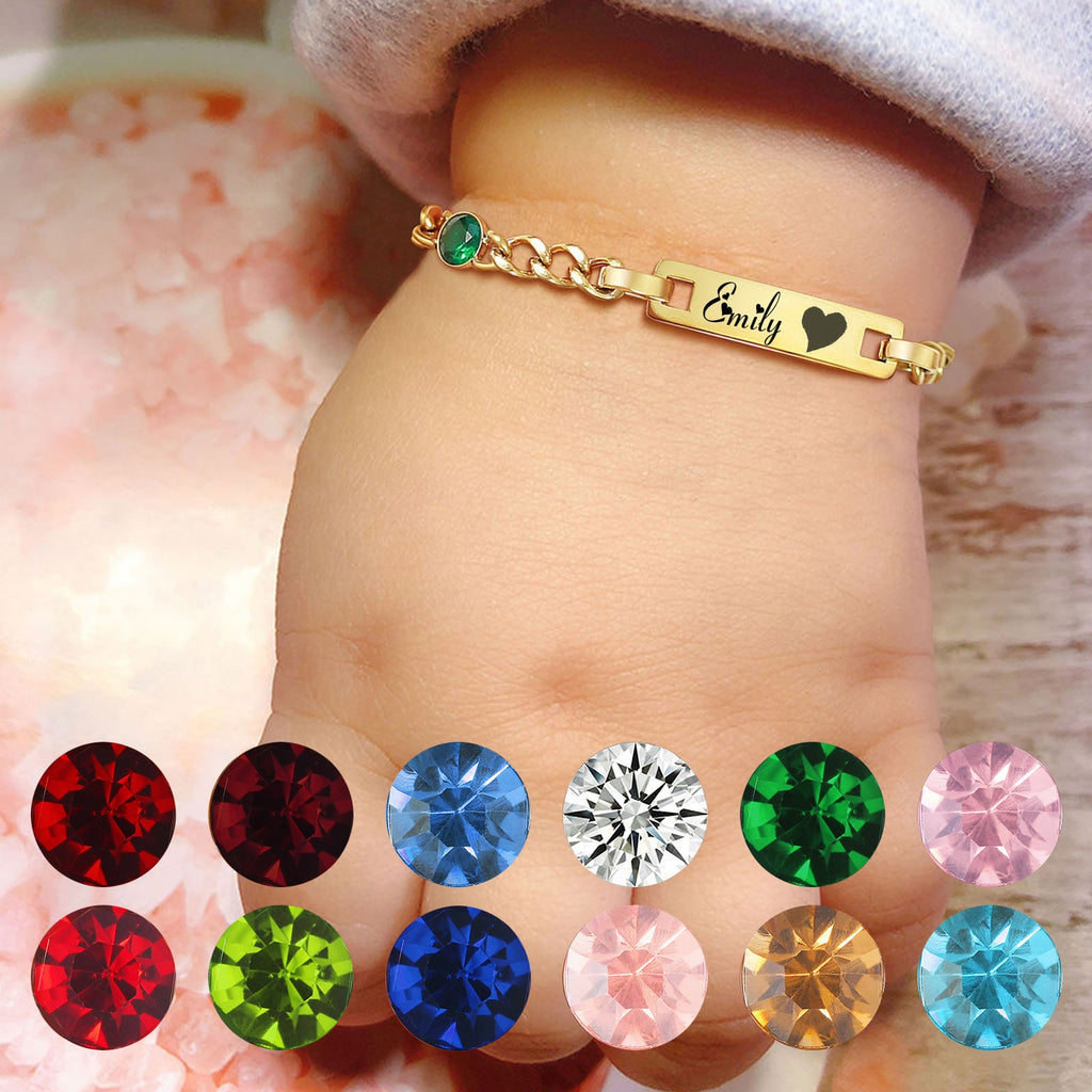 Engrave Personalized ID Baby Bracelet with Birthstone,Customzied Name Curb Chain Adjustable,Newborn Boy Girl Child Birthday Gift