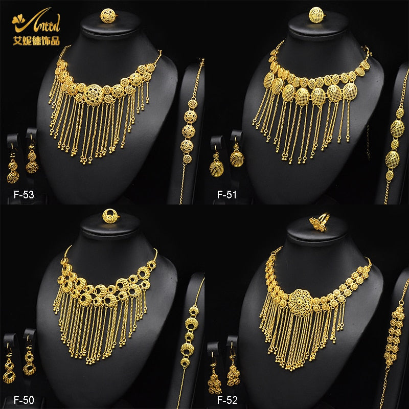 ANIID Dubai Tassel Gold Plated Jewelry Sets For Women Fashion Indian Bridal Necklace And Earring 4Pcs Set Ethiopian Party Gifts